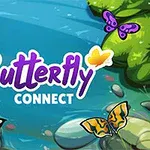 Färgglada fjärilar svävar över en blå vattenyta omgiven av gröna löv och stenar med texten Butterfly Connect i mitten