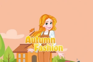 Tecknad kvinna med långt rött hår och overall framför ett hus i en höstig miljö, med texten Autumn Fashion