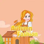 Tecknad kvinna med långt rött hår och overall framför ett hus i en höstig miljö, med texten Autumn Fashion