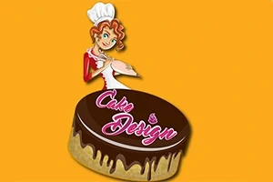 Kvinna i kockmössa håller en tårta bredvid texten Cake Design på en gul bakgrund