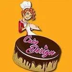 Kvinna i kockmössa håller en tårta bredvid texten Cake Design på en gul bakgrund