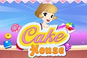 Tecknad figur med ljusbrunt hår håller färgglada tårtbitar ovanför texten Cake House mot en ljusblå och rosa bakgrund