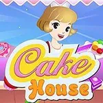 Tecknad figur med ljusbrunt hår håller färgglada tårtbitar ovanför texten Cake House mot en ljusblå och rosa bakgrund