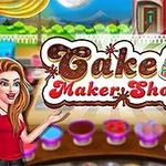 Kvinna i röd topp bredvid ordet Cake Maker Shop med tårta och dessertglas i en färgglad miljö