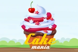 En cupcake med vit och röd glasyr dekorerad med stjärnor och ett körsbär på toppen, med texten Cake mania under
