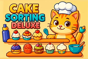 En tecknad katt med kockhatt står bredvid en hylla med olika muffins