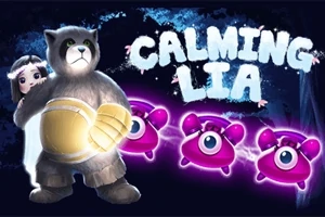 En tecknad björn i boxhandskar bredvid en flicka och tre lila tecknade varelser med stora ögon, mot en mörk bakgrund med texten Calming Lia