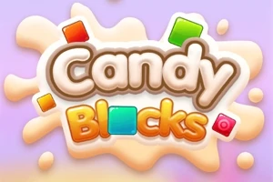 Texten Candy Blocks visas i bubbliga bokstäver med färgglada fyrkanter runt omkring på en ljus bakgrund