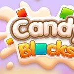 Texten Candy Blocks visas i bubbliga bokstäver med färgglada fyrkanter runt omkring på en ljus bakgrund