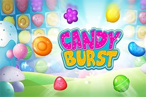 Färgglada karameller och texten Candy Burst på en färgglad bakgrund med förtrollande landskap