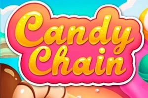 Färgglad illustration med texten Candy Chain i stora, gula bokstäver på en rosa bakgrund, omgiven av sötsaksbilder