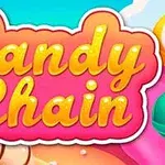 Färgglad illustration med texten Candy Chain i stora, gula bokstäver på en rosa bakgrund, omgiven av sötsaksbilder