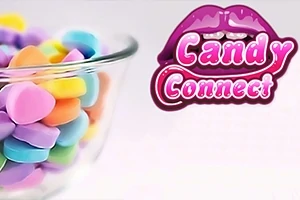 En skål med färgglada hjärtformade godisbitar bredvid en logotyp med ordet Candy Connect och ett dekorativt par läppar