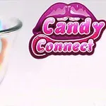 En skål med färgglada hjärtformade godisbitar bredvid en logotyp med ordet Candy Connect och ett dekorativt par läppar