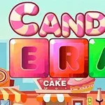 Texten Candy Era i färgglada bokstäver ovanför en tecknad stadsmiljö med godistematik