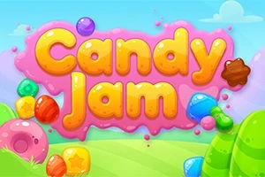 Färgglad illustration med texten Candy Jam över ett landskap av godis och gröna kullar