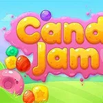 Färgglad illustration med texten Candy Jam över ett landskap av godis och gröna kullar