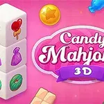 Rosa bakgrund med godisar, en stapel av tärningar med godismotiv och texten Candy Mahjong 3D