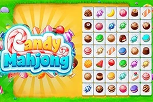 Färgglad spelbräda med ikoner av godis och texten Candy Mahjong på en gul bakgrund