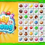 Färgglad spelbräda med ikoner av godis och texten Candy Mahjong på en gul bakgrund