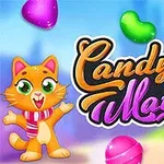 Tecknad orange katt med halsduk bredvid färgglada godisbitar och text i mitten