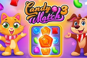 En tecknad katt och hund med halsdukar står bredvid en spelbricka fylld med färgglada godisar och text ovanför