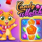 En tecknad katt och hund med halsdukar står bredvid en spelbricka fylld med färgglada godisar och text ovanför