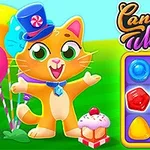 Tecknad orange katt med blå hatt framför färgglada ballonger och godis, bredvid ett rutnät med olika former av sötsaker