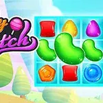 Färgglada godisbitar i olika former placerade på ett spelbräde med en tecknad bakgrund av träd och himmel