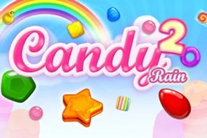 Logotyp i pastellfärger med ordet Candy Rain 2, regnbåge och färgglada godisbitar mot en blå bakgrund