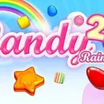 Logotyp i pastellfärger med ordet Candy Rain 2, regnbåge och färgglada godisbitar mot en blå bakgrund