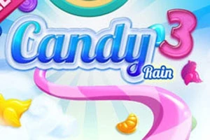 Färgglad illustration med texten Candy Rain 3 och godisbitar mot en ljus bakgrund