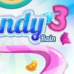 Färgglad illustration med texten Candy Rain 3 och godisbitar mot en ljus bakgrund