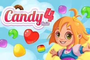 Tecknad flicka med orange hår omgiven av färgglada godisbitar och texten Candy 4 Rain på en blå bakgrund med moln