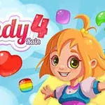 Tecknad flicka med orange hår omgiven av färgglada godisbitar och texten Candy 4 Rain på en blå bakgrund med moln