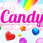 Texten Candy Rain i rosa bokstäver på ett moln med en regnbåge och färgglada godisar runtomkring