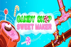Tecknad bild av godistillverkning med rör fyllda av rosa vätska och texten Candy Shop Sweet Maker
