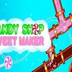 Tecknad bild av godistillverkning med rör fyllda av rosa vätska och texten Candy Shop Sweet Maker