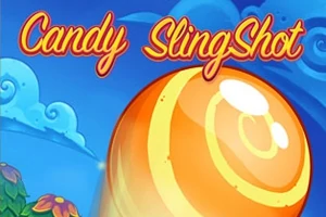 Tecknad bild med en stor, orange och gul randig godiskula mot en bakgrund av blå himmel och moln, med texten Candy SlingShot i överkant