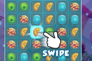 Ett pusselspel med färgglada ikoner i ett rutnät och en hand som pekar mot en ikon med texten SWIPE