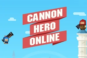 Två tecknade figurer med kanoner, en på marken och en på ett torn, mot en blå himmel med texten Cannon Hero Online
