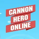 Två tecknade figurer med kanoner, en på marken och en på ett torn, mot en blå himmel med texten Cannon Hero Online