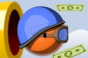 En orange boll med blå hjälm och goggles svävar bredvid sedlar och ett stort gult rör på himlen