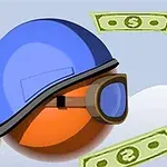 En orange boll med blå hjälm och goggles svävar bredvid sedlar och ett stort gult rör på himlen