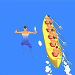 En man simmar bredvid en gul båt med fyra roddare i blått vatten