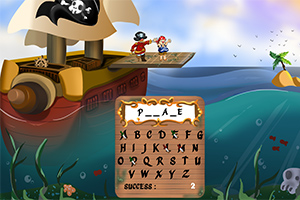 Ett piratskepp med en piratflagga och två pirater på en plank in mot havet, samt en bokstavsbräda framför havet