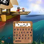 Ett piratskepp med en piratflagga och två pirater på en plank in mot havet, samt en bokstavsbräda framför havet
