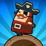 Tecknad piratfigur med mustasch och ögonlapp står på en tunna mot en blå strålbakgrund