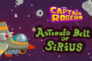 Rymdskepp flyger genom asteroidbälte med texten Captain Rogers Asteroid Belt of Sirius mot stjärnbakgrund
