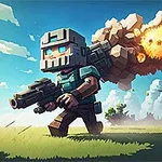 En pixelerad figur med hjälm och rustning springer i ett gräsfält medan en explosion sker i bakgrunden